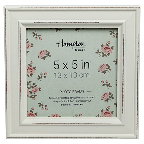 Hampton Frames - PALOMA Square Picture Photo Frame, 5x5 Inch (13x13cm), White, Distressed Wood - Glass Aperture, Freestanding or Wall Mount - Display for Home or Office