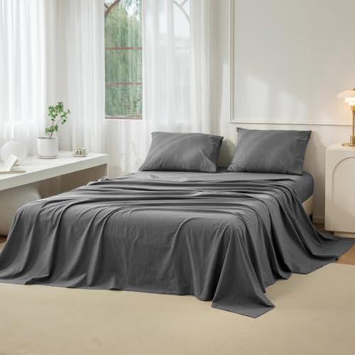 JIYUAN 100% Washed Cotton Sheet Set 4 Pieces Full,1 Fitted Sheet,1 Flat Sheet and 2 Pillowcases,Comfy and Breathable Linen Like Bedding Set,Heathered Dark Grey