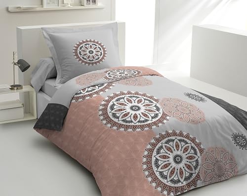 Home Linge Passion - Duvet Cover Set - 2 Pieces - 100% Cotton - 57 Thread Count - Single - 140 x 200 cm - Yucatan - Grey and Old Pink