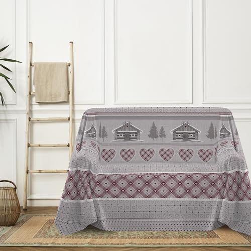 PENSIERI DELICATI Sofa Cover 180 x 290 cm, Made in Italy, 100% Pure Cotton, Red Chalet Pattern, Ideal as a Furniture, Sofa or Summer Bedspread (Single Bed)