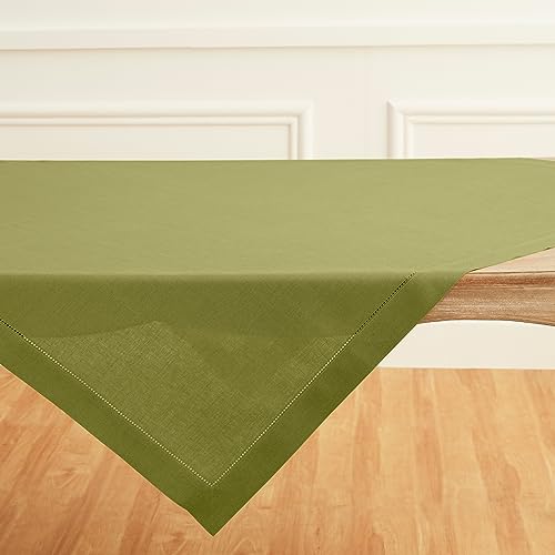 Solino Home 100% Pure Linen Square Table Cloth, Throw Avocado, 52 x 52 in - for dining, home decor, wedding, Classic Hemstitch, indoor outdoor, gift, OEKO-TEX Certified - Fall, Thanksgiving, Christmas