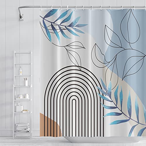 Umpoo Abstract Mid Century Bathroom Shower Curtain Bohemian Eucalyptus Leaves Stripes Arch Light Blue Shower Curtain with Hooks Waterproof Fabric Polyester Shower Curtain Home Decor, 48x72 Inch