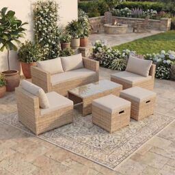 Garden Vida Islay 6 Seater Rattan Seating Set - Natural - Complete Outdoor Patio Garden Furniture Set - Steel Frame & PE Wicker - UKFR Certified - Weather Resistant, Tempered Glass, With Cushions