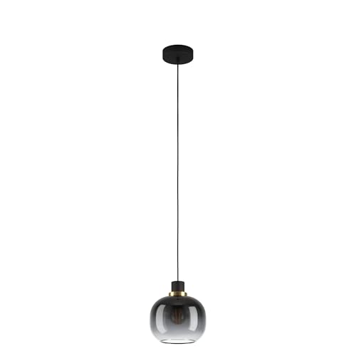 Eglo Pendant lamp Oilella, 1-Light Hanging Ceiling Light Smoked Glass Above Dining Table, Metal with Globe in Black-Grey Brass, E27 Socket, Ø 19 cm