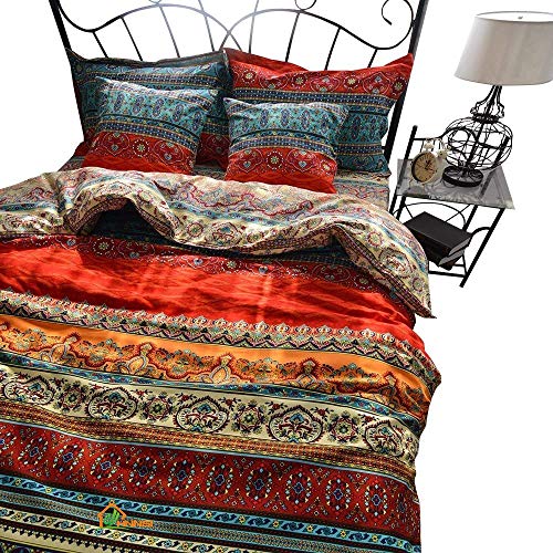 HNNS 4 Pieces Reversible Bohemia Duvet Cover and Fitted Sheet Set King size,100% sanded Cotton Thick Bohemia Exotic Striped Bedding Set, Boho Quilt/Comforter Cover Set (Fitted Sheet Set, King)
