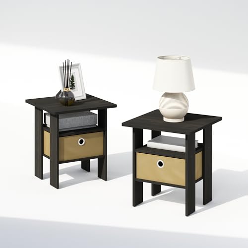 Furinno TIDUR Night Stand Set of 2, Open Shelf Design Nightstand with Storage Bin, Bedside Table, End Table, Side Table, for Bedroom, Living Room, Espresso