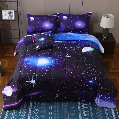 JQinHome Full Galaxy Comforter Sets 6 Piece Bed in A Bag, Outer Space Themed Bedding for Children Boy Girl Teen Kids,1 Comforter, 1 Flat Sheet, 1 Fitted Sheet, 2 Pillowshams, 1 Cushion Cover(Purple)