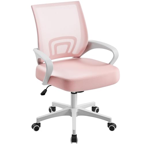 Yaheetech Ergonomic Chair Mesh Swivel Lumbar Support Adjustable Desk Pink - Breathable mesh back,height adjustable seat,fixed armrests,rolling casters,360?? swivel,for home office and student study