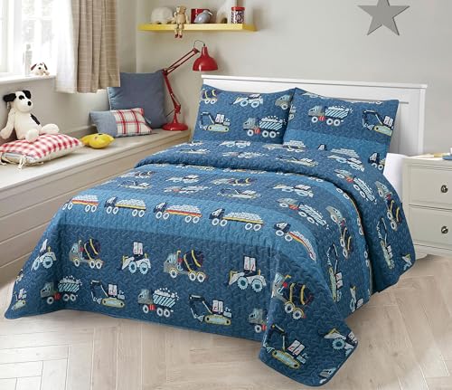 Kids Zone Collection Bedspread Set Kids/Teen Construction Vehicles Quilted Bedding Set Trucks and Tractors Pattern Blue Twin New # C-Mixer