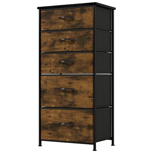 YITAHOME Narrow Chest of Drawers with 5 Drawers, Fabric Dressers with Easy Pull Handle,Sturdy Steel Frame,Storage Drawers for Bedroom, Closet, Clothes,Rustic Brown