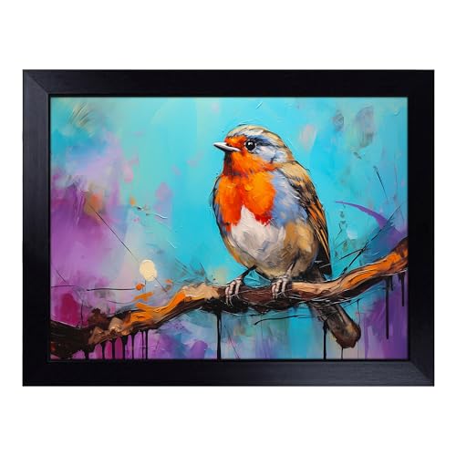 Lap Tray with Bean Bag Cushion, Robin Bird Pop Art - Handmade in the UK, Raised Wooden Edge, Padded Cushion, Heat-Resistant Wipe-Clean Surface, for Meals, Laptops and Crafts