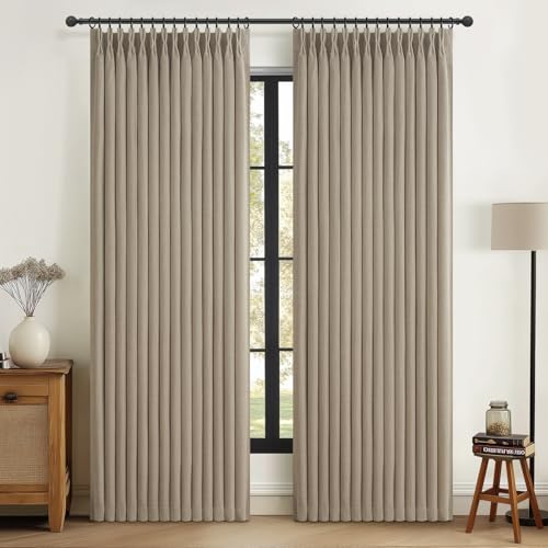 Memory Trained Pinch Pleat Natural Linen 80 Inch Bedroom Blackout Curtains 2 Panels Set, Burlywood Birch Room Darkening Thermal Double Layer Thick Viral Curtain Sound Dampening Neutral Windows Drapes