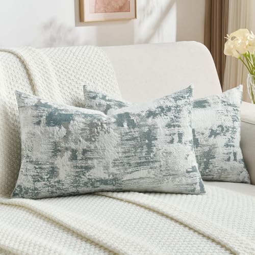 FUTEI Pack of 2 Faux Cashmere Throw Pillow Covers 12x20 Inch,Teal White - Marble Pattern Jacquard Design On Both Sides,Hidden Zipper,Machine Washable,Pill-Resistant,Colorfast,Insert Not Included.