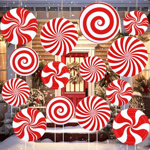 16 Pcs Lighted Candy Cane Ornament Large Christmas Candy Decorations Double Sided Xmas Hanging Decor Red and White Yard Lawn Signs with Stake for Home Outdoor Indoor Porch Pathway Christmas Tree