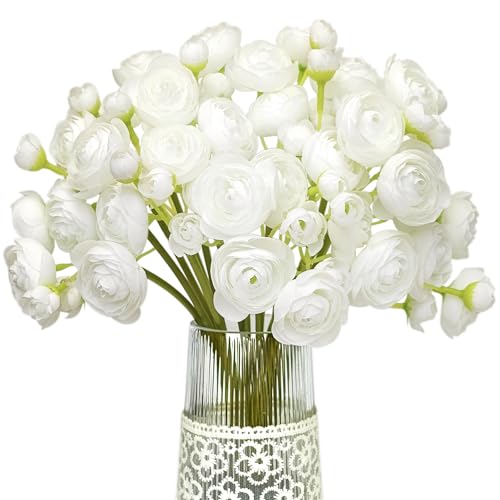 Letjolt Ranunculus Artificial Flower White Silk Flowers, 18pcs - Faux DIY Bouquet, Wedding Engagement Centerpieces, Bridal Shower Decorations, Home Decor