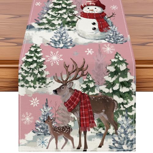 Artscope Reindeer Snowman Christmas Tree Table Runner, Xmas Winter Snowflakes Holiday Kitchen Dining Table Decoration for Christmas Home Party Decor 13x36 Inch-Pink