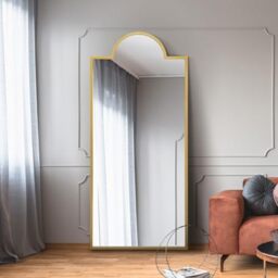 "MirrorOutlet The Fenestra - Gold Modern Contemporary Leaner and Wall Mirror 67"" X 29"" (170CM X 75CM) Silver Mirror Glass with Black Metal Frame with Feature Edge. Landscape or Portrait."