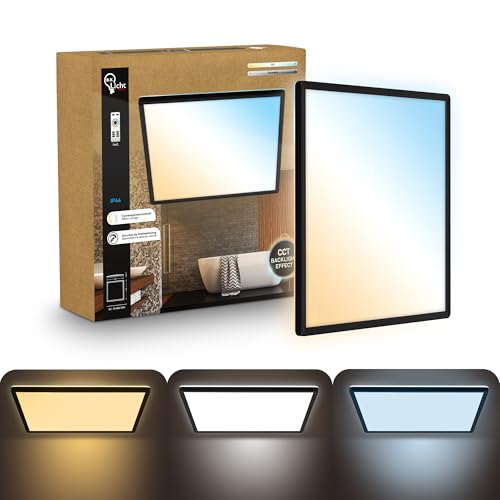 B.K.Licht - LED Panel with Remote Control, Slim, Dimmable, Adjustable CCT from Warm to Daylight White, IP44, Ceiling Lights, Bathroom Light, Bathroom Lights Ceiling, Living Room, 42x42x3 cm, Black