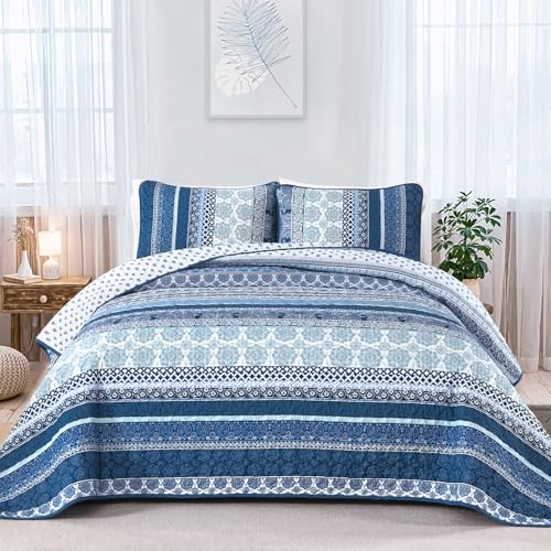 "WONGS Bedding - Bohemian Comforter Set, 3 Piece Navy Blue Set, Lightweight Microfiber Bedspread for All Season (Twin Size, 78""x90"")"