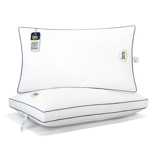 Serta Hotel Collection Bed Pillows King Size Set of 2 Medium Firm Support - 400 Thread Count 100% Cotton Cover, Gusseted Down Alternative Pillow for Sleeping, Bedding for Back and Side Sleepers