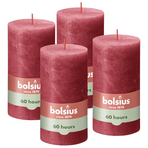 Bolsius Rustic Pillar Candles, Red, Pack of 4, 13 x 7 cm, Burning Length Time 60 Hours, Unscented, Natural Plant Wax, Without Palm Oil, Advent