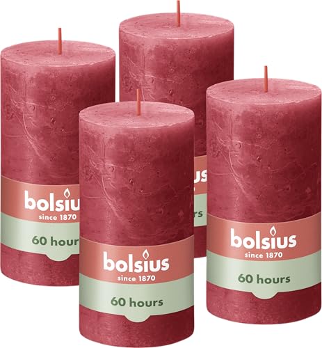 Bolsius Rustic Pillar Candles, Red, Pack of 4, 13 x 7 cm, Burning Length Time 60 Hours, Unscented, Natural Plant Wax, Without Palm Oil, Advent