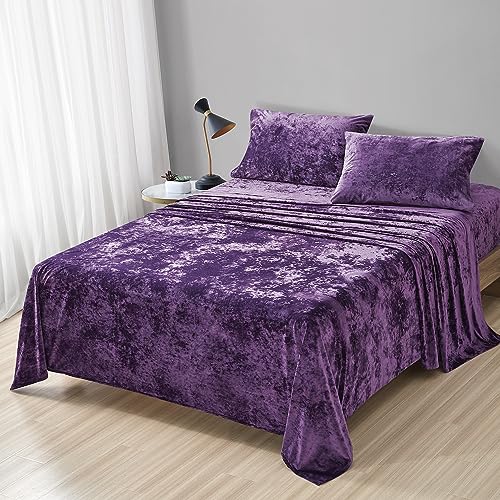 Fredsure Distressed Velvet Sheet Set, 4 Pieces Purple Queen, Ultra Soft, Warm