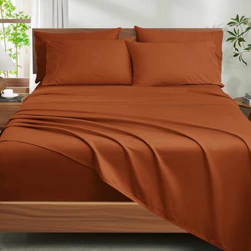 "Ivellow 100% Egyptian Cotton Sheets King Size Set - 1200 Thread Count 6 PC 18"" Deep Pocket King Size Bed Sheet Set???Durable Hotel Quality Luxury Soft Breathable Burnt Orange Cooling Sheet Sets Bedding"