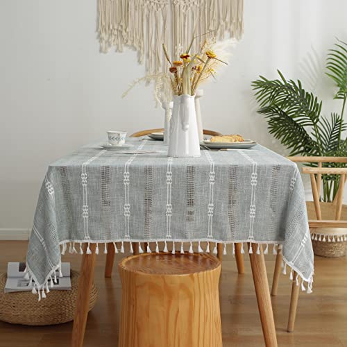 Gernaice Rustic Stripe Embroidered Tablecloth Heavy Rectangle Tassel Cotton Linen Table Cloth Wrinkle Free Washable Table Cover for Kitchen Dinning Party Holiday Grey 55x70 Inch