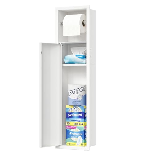 Neodrain Recessed Toilet Paper Holder, White Toilet Tissue Holder with Curved Door, 304 Stainless Steel Bathroom Storage Cabinet for Toilet Paper Roll, Perfect Depth for Amarica Drywall