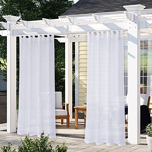 LORDTEX Burlap Linen Look Outdoor Curtains for Patio 2 Panels - Waterproof Tab Top Sheer Curtains for Pergola, Porch, Cabana, Gazebo Indoor/Outdoor Voile Sheer Drapes, 52 x 120 Inch, White