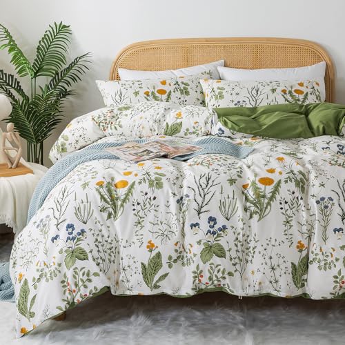 Zusbest Floral Duvet Cover King 100% Percale Cotton Botanical Garden Flower Printed Bedding Reversible Green Yellow Leaves Pattern Comforter Covers French Country Bedding Soft 3Pcs-Not Comforter