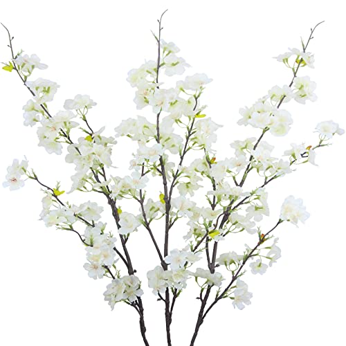 CISDUEO 3Pcs Artificial Cherry Blossom Flower White Silk Peach Flowers Bulk Plum Blossom Flowers with Leaves Cherry Blossom Branches Vase Arrangements for Spring Wedding Indoor Outdoor DIY Party Decor