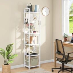 DWVO Book Shelf 6 Tiers, Tall Bookcase with Steel Frame Industrial Bookshelf with 4 Hooks Floorstanding Shelving Unit Narrow Display Rack Storage Organizer for Living Room Bedroom, White