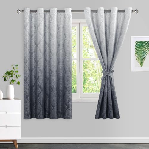 JIUZHEN Grey Ombre Blackout Curtains for Bedroom??? Damask Patterned Thermal Insulated Noise Reducing Grommet Curtains with Tiebacks, 52 x 72 Inches, Set of 2 Window Curtain Panels