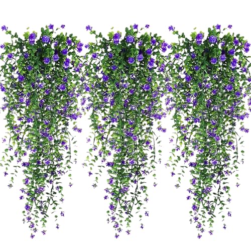 Artificial Hanging Flowers, 3 Pcs Fake Hanging Plants, Artificial Vines for Outdoors, Fake Ivy Vine UV Resistant No Fade Faux Plants for Indoor Decoration Outside Garden Patio Yard Greenery Decor