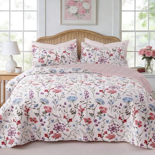 "GOONE XL Queen Quilt Set 90""x96"", Pink Floral Boho Reversible Bedspread, Lightweight Quilts Queen Size with 2 Pillow Shams All-Season, Farmhouse Coverlet Bedding Set, Spring & Summer Quilt Set"