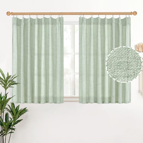 YoungsTex Sage Geen Kitchen Linen Curtains 36 Inch Length, Light Filtering Short Burlap Textured Drapes for Cafe Bathroom Small Window Rustic Country with Pinch Pleated, 2 Panels, 40 X 36 Inch