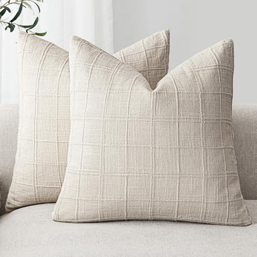 Foindtower Decorative Pillow Covers Linen Checked Neutral Accent Pillowcases Modern Farmhouse Style Boho Home Decor for Sofa Chair Couch Bedroom Living Room Outdoor Set of 2