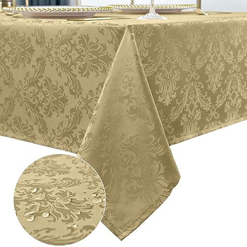 SASTYBALE Rectangle Jacquard Tablecloth - 60 x 84 Inch Spill Proof Wrinkle Resistant Damask Table Cloth, Soft Polyester Oblong Table Cover for Kitchen Parties Farmhouse, Champagne Golden
