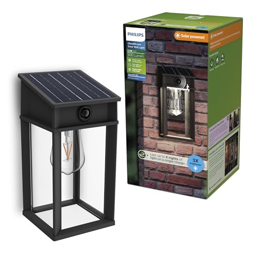 Philips Geri UltraEfficient Outdoor Solar Wall Light, Replaceable Solar Bulb, Motion Sensor, 4000K, Square, Black