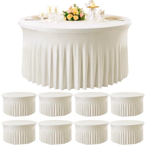 Htper 8 Pack Ivory 95% polyester 5% spandex Round Tablecloths for 60 inch Table, Wrinkle Free Stretchy 120inch Fitted 5FT Round Table Cloths Cover with Skirt for Wedding Party Dining Banquet