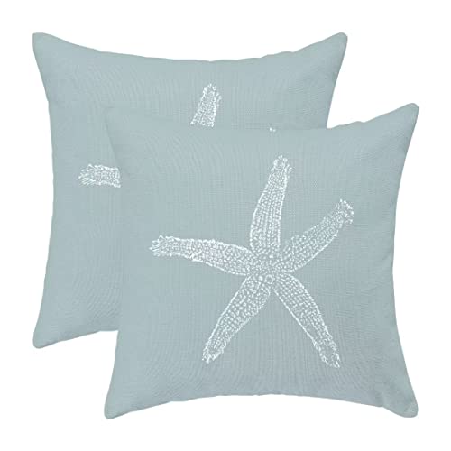 Coastal Pillow Covers 18 X 18 Inch Set of 2, Seafoam Blue Starfish Throw Pillow Covers Beach Pillowcase Linen Nautical Decor for Indoor Outdoor Home Sofa Bedroom Living Room