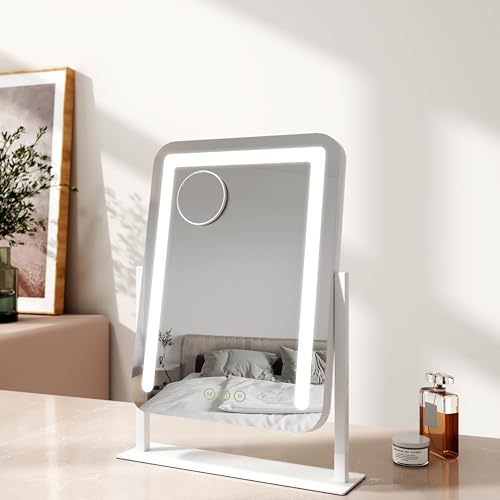EMKE Hollywood Makeup Mirror with Lights, 35 x 46 cm Small Lighted Vanity Mirror with 360°Rotation 3 Color Lighting Modes, 7X Magnifying Hollywood Mirror with Dimmable Strip Light, White