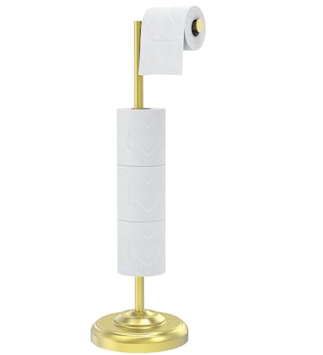 WZKALY Toilet Paper Holder Stand, Brushed Gold Free Standing Toilet Paper Holder with Storage for Bathroom, Reserve for 5 Rolls, SUS304 Stainless Steel Toilet Paper Roll Holder with Weighted Base