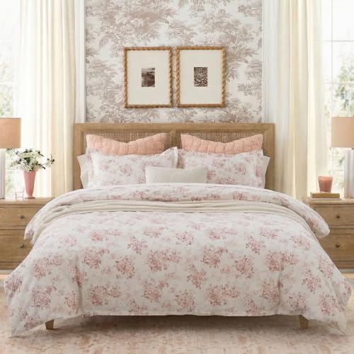"DAUAOTO Duvet Cover Queen Size Set - 90""x90"" Cover + 2 Shams, 100% Cotton Print Bedding Sets, Toile Rose Floral Pattern, Pale Red"