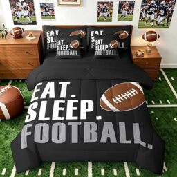 Feelyou Football Comforter Set with Sheets Full Size Rugby Sports 7 Pieces Bedding Set for Kids Boys Girls Teens Black Sports Ball Game Bed in a Bag Gift for Football Lover Bed Set