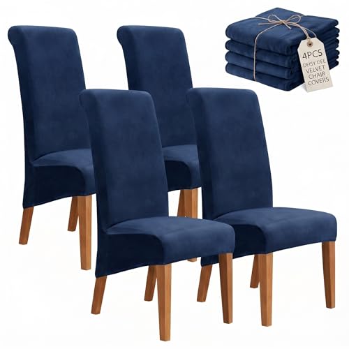 Deisy Dee Stretch XL/Oversized Extra Large Velvet Dining Room Chair Covers for Kitchen Dining???Removable Washable Chair Protectors Slipcovers (Navy, 4)