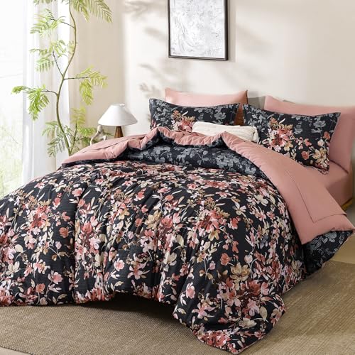 Dobuyly King Size Comforter Set, 7 Pieces Navy Blue Floral Comforter Set, Bed in a Bag King with Botanical Flowers Pattern, All Season Bedding Set with Sheets, Pillowcases & Shams