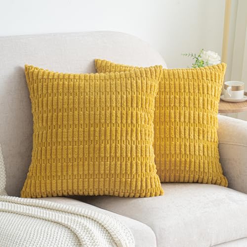 Smile of hope Pack 2 Mustard Yellow Corduroy Throw Pillow Covers 18 x 18 - Striped decorative pillow covers with hidden zipper, anti-pilling, fade resistant & machine washable, farmhouse sofa decor